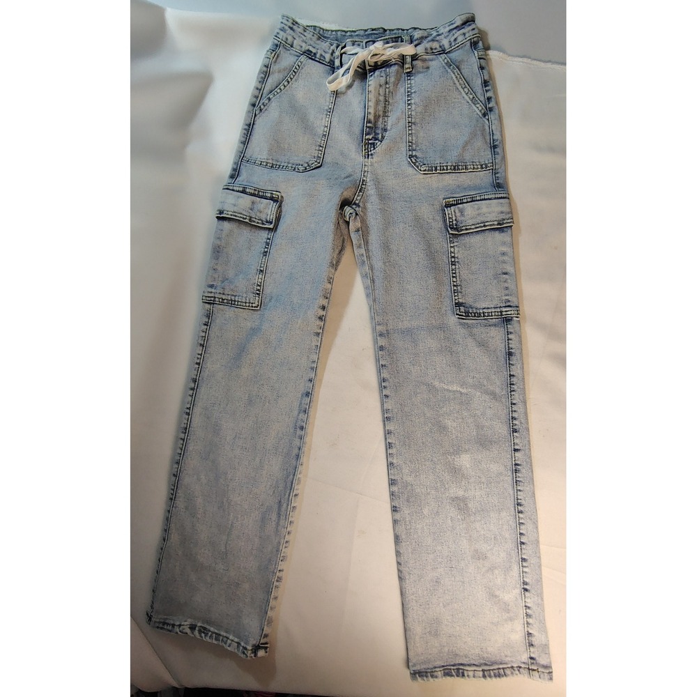 Nova Blue Womens Light Wash Cargo Jeans Straight Leg Drawstring Waist Size M
